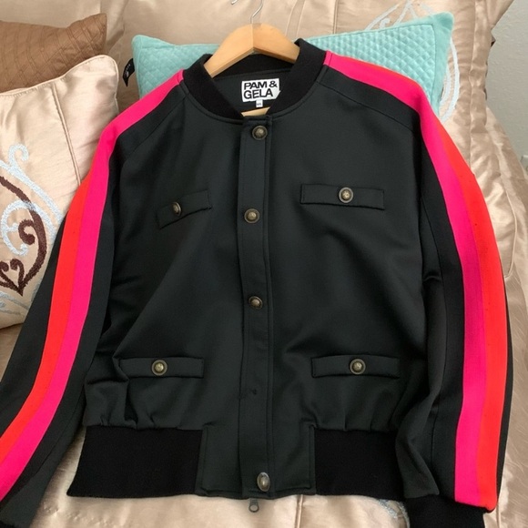 PAM & GELA Aviator Track Colorblock Striped Sleeve Bomber Jacket - Picture 3 of 13